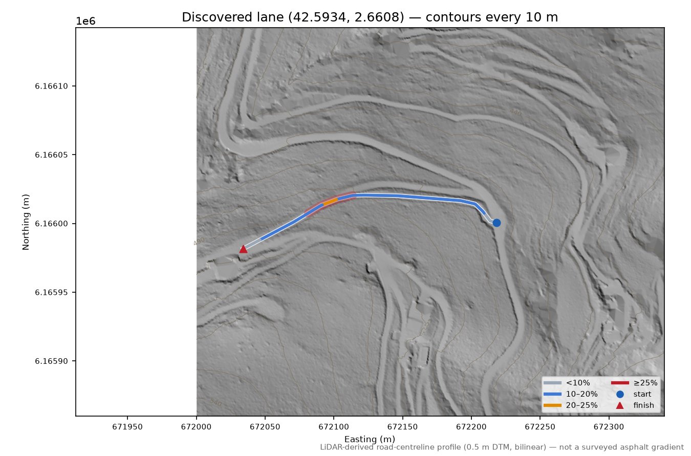 Discovered lane (42.5934, 2.6608) LiDAR hillshade map with contours