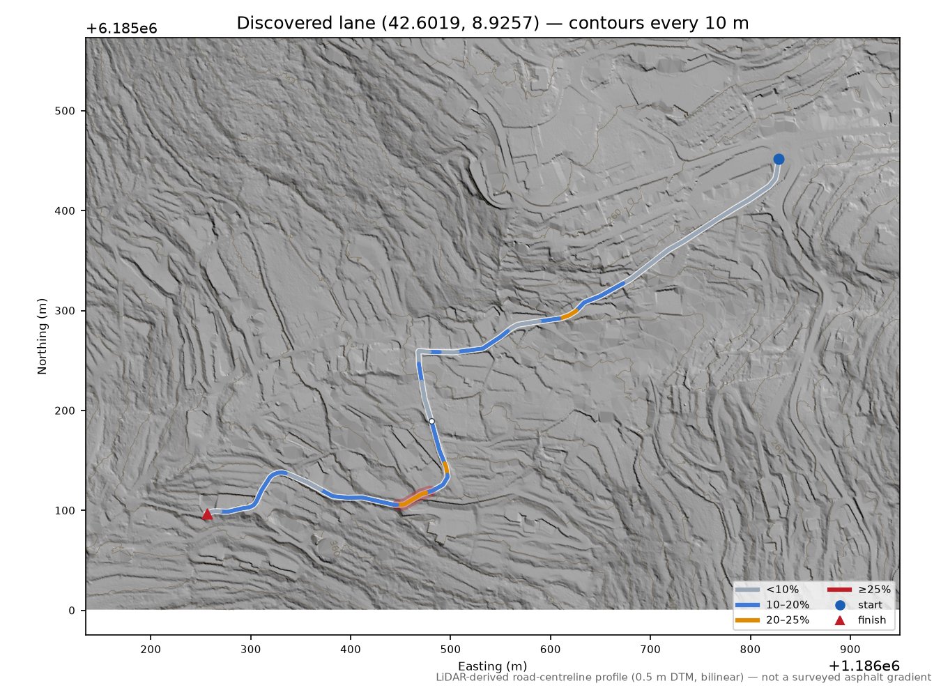 Discovered lane (42.6019, 8.9257) LiDAR hillshade map with contours