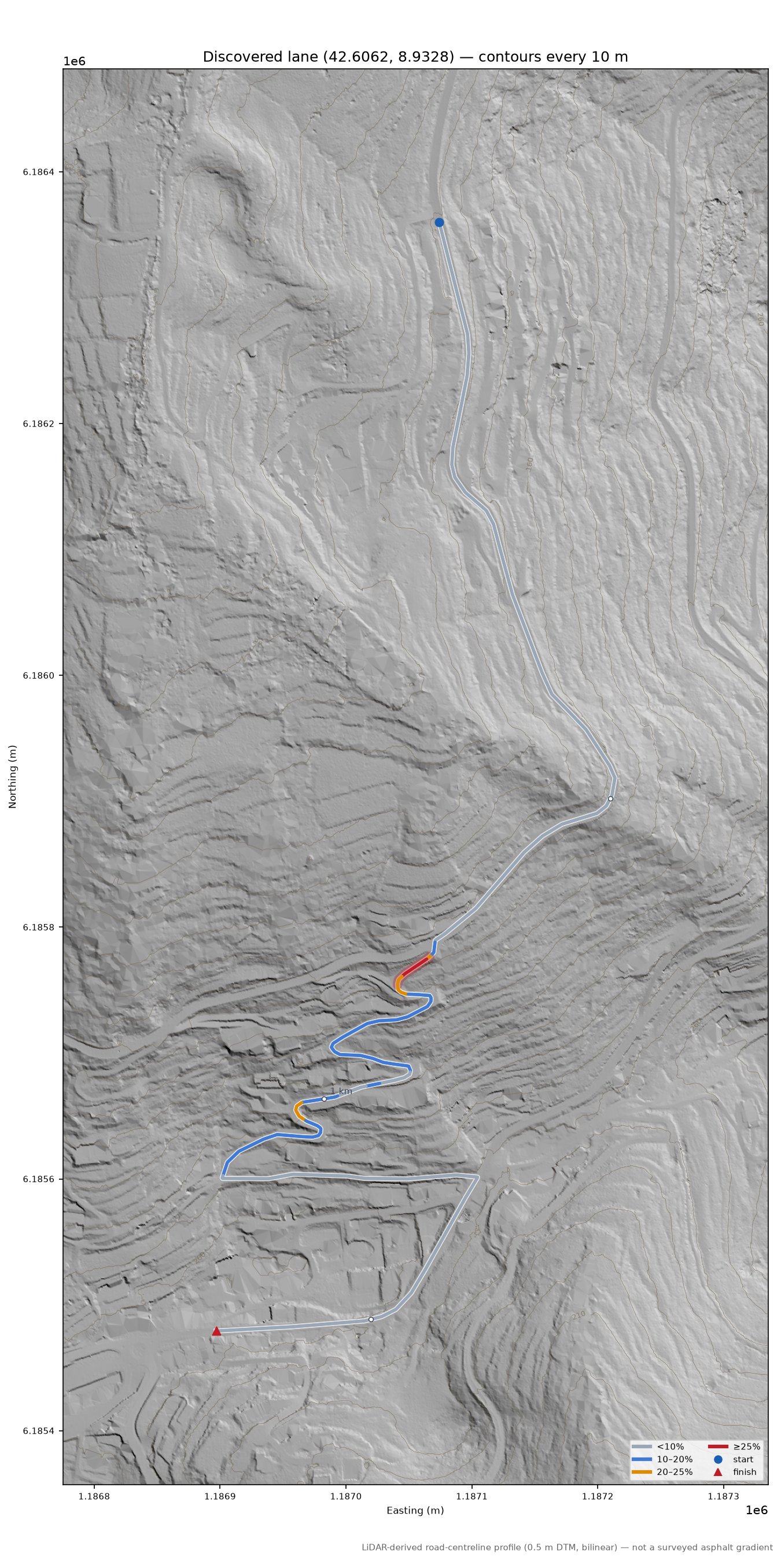 Discovered lane (42.6062, 8.9328) LiDAR hillshade map with contours