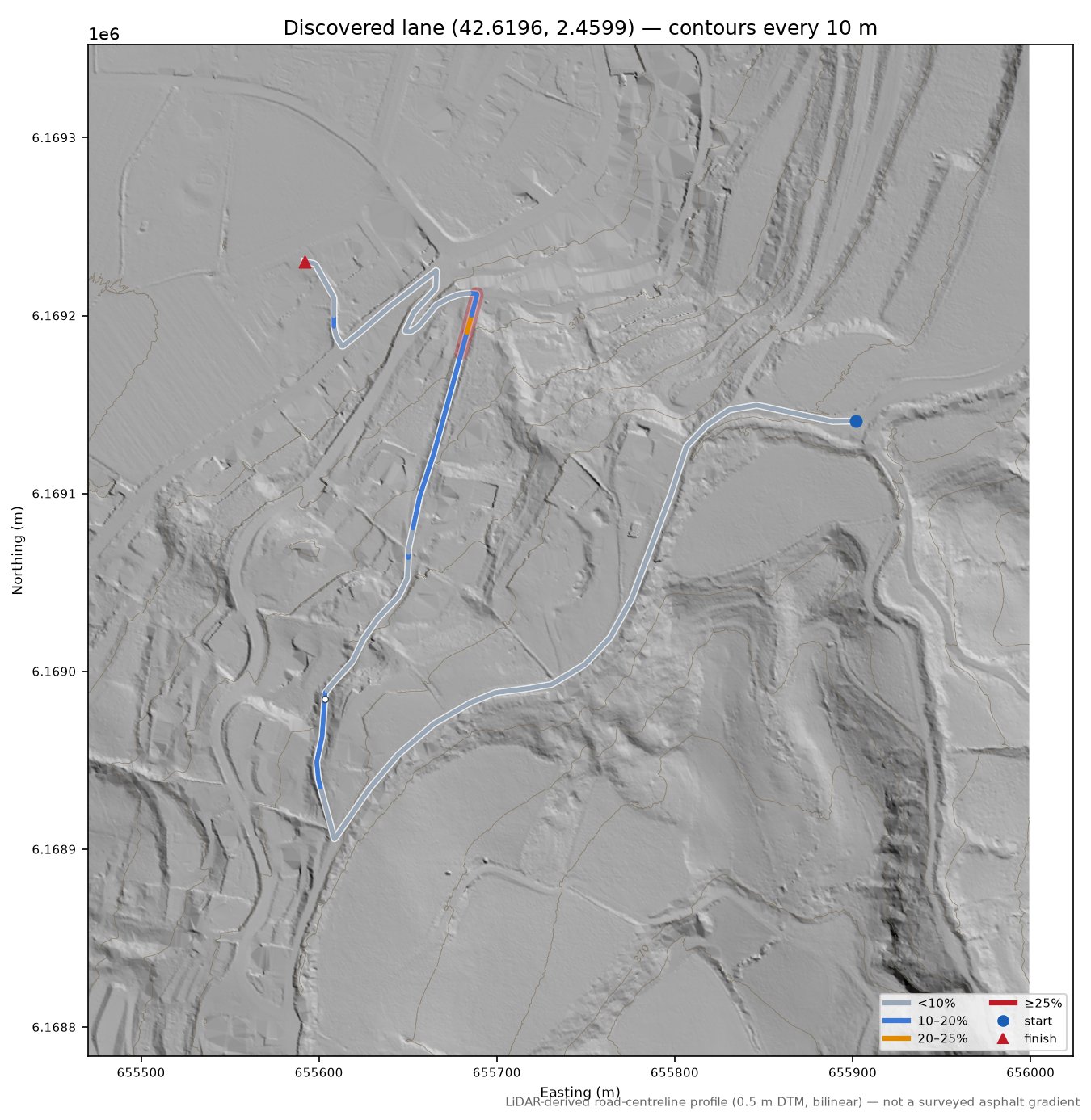 Discovered lane (42.6196, 2.4599) LiDAR hillshade map with contours