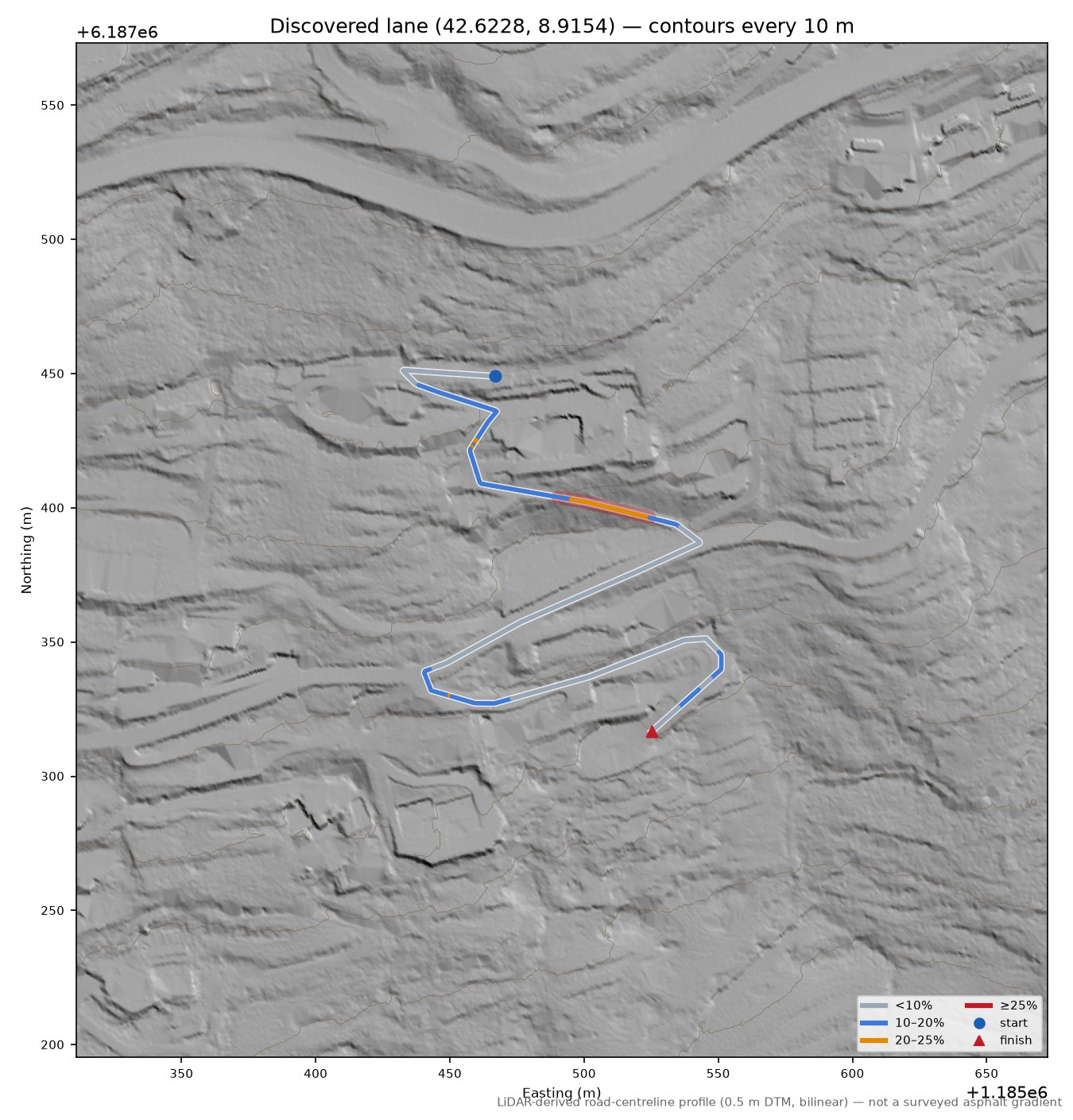 Discovered lane (42.6228, 8.9154) LiDAR hillshade map with contours