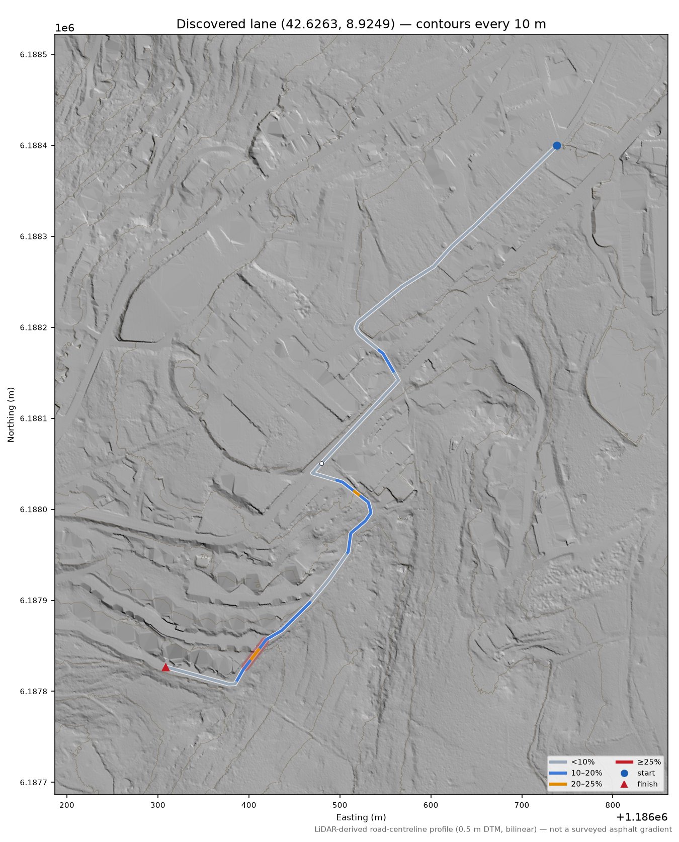 Discovered lane (42.6263, 8.9249) LiDAR hillshade map with contours