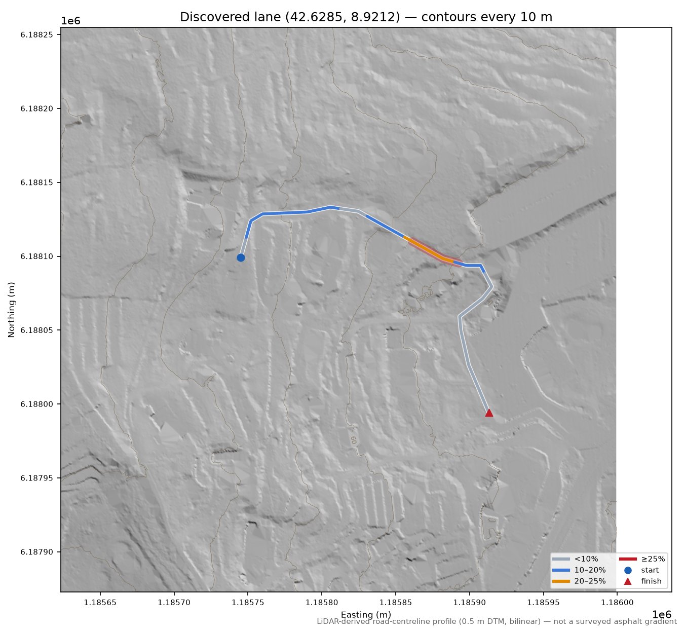 Discovered lane (42.6285, 8.9212) LiDAR hillshade map with contours