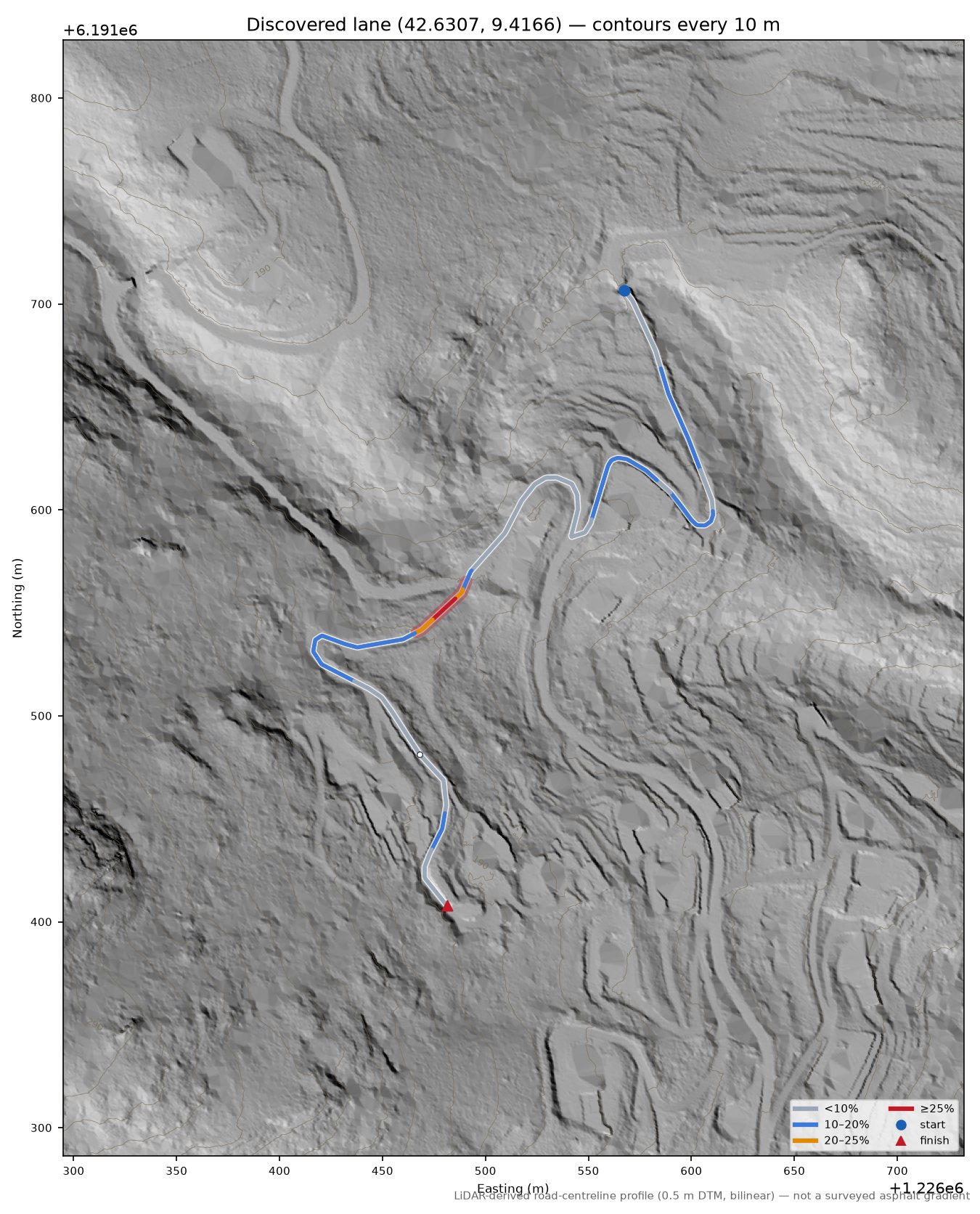 Discovered lane (42.6307, 9.4166) LiDAR hillshade map with contours