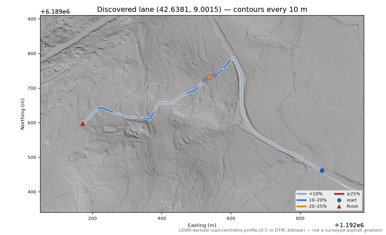 Discovered lane (42.6381, 9.0015) LiDAR hillshade map with contours