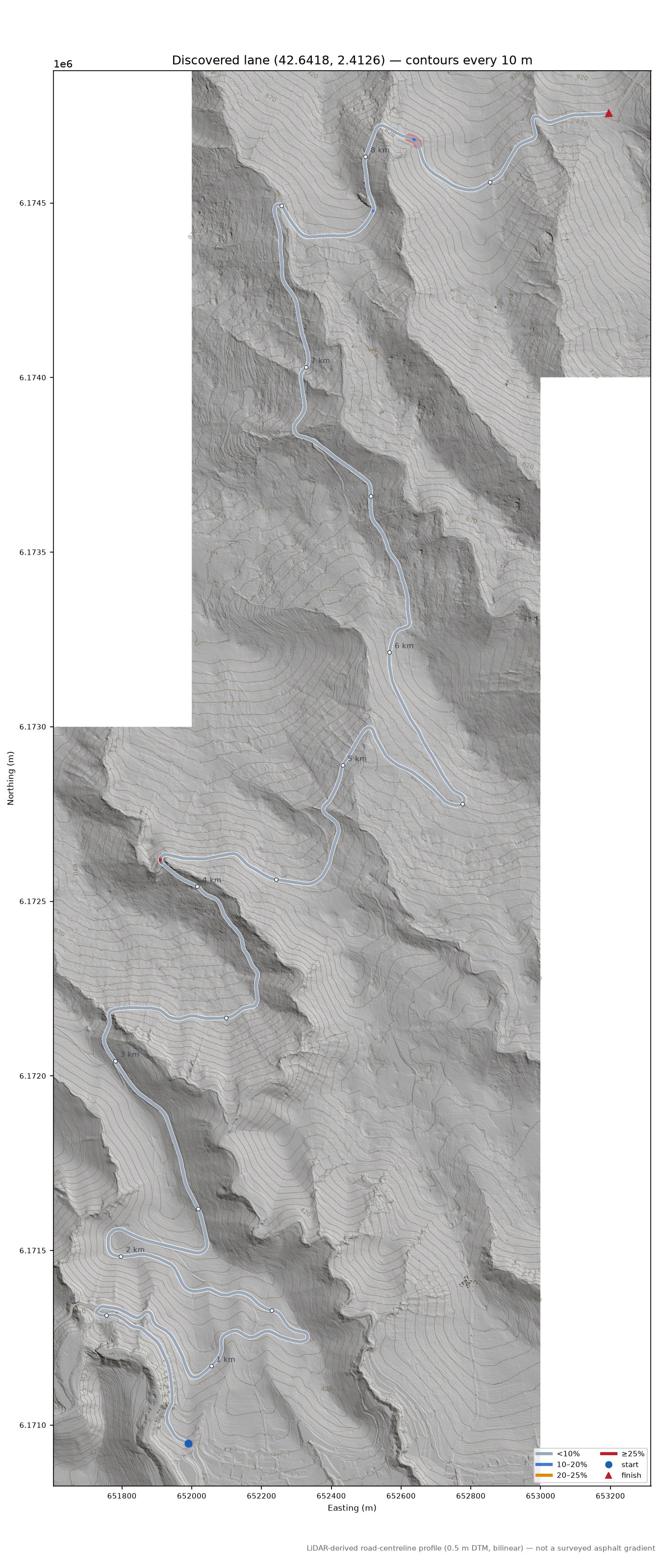 Discovered lane (42.6418, 2.4126) LiDAR hillshade map with contours