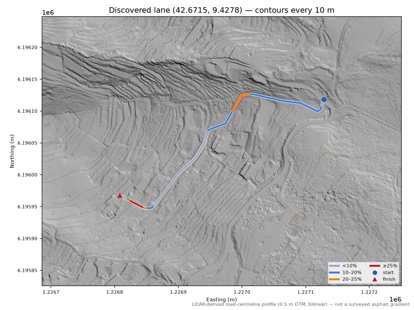 Discovered lane (42.6715, 9.4278) LiDAR hillshade map with contours