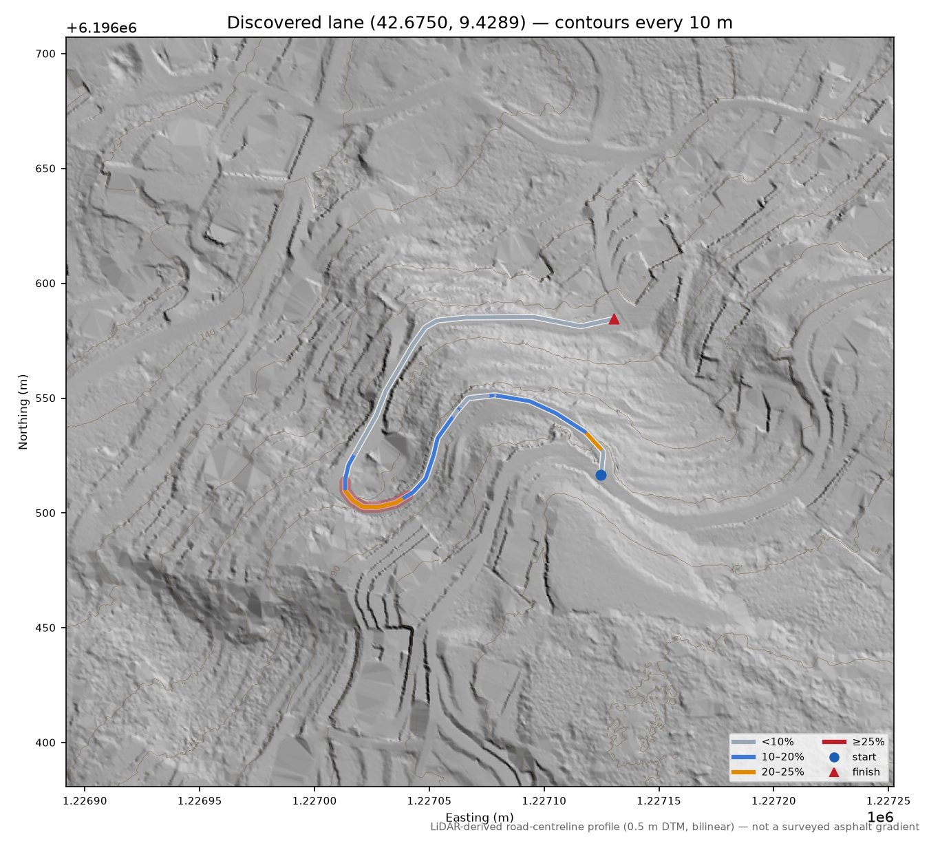 Discovered lane (42.6750, 9.4289) LiDAR hillshade map with contours