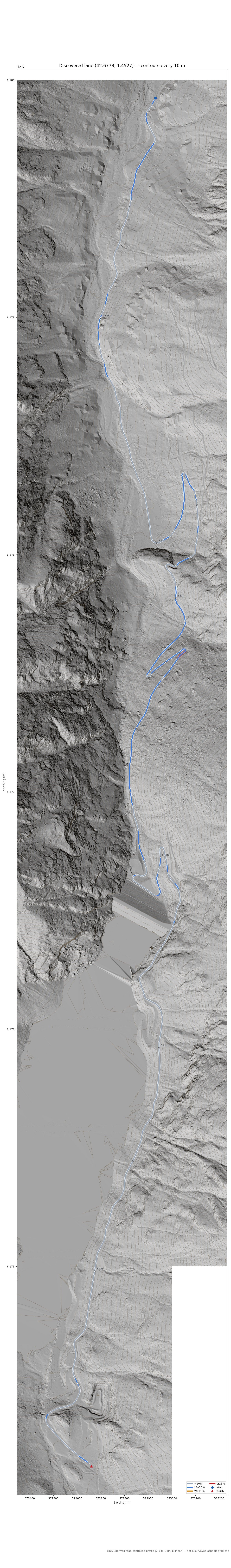 Discovered lane (42.6778, 1.4527) LiDAR hillshade map with contours