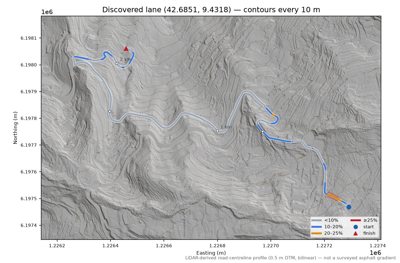 Discovered lane (42.6851, 9.4318) LiDAR hillshade map with contours