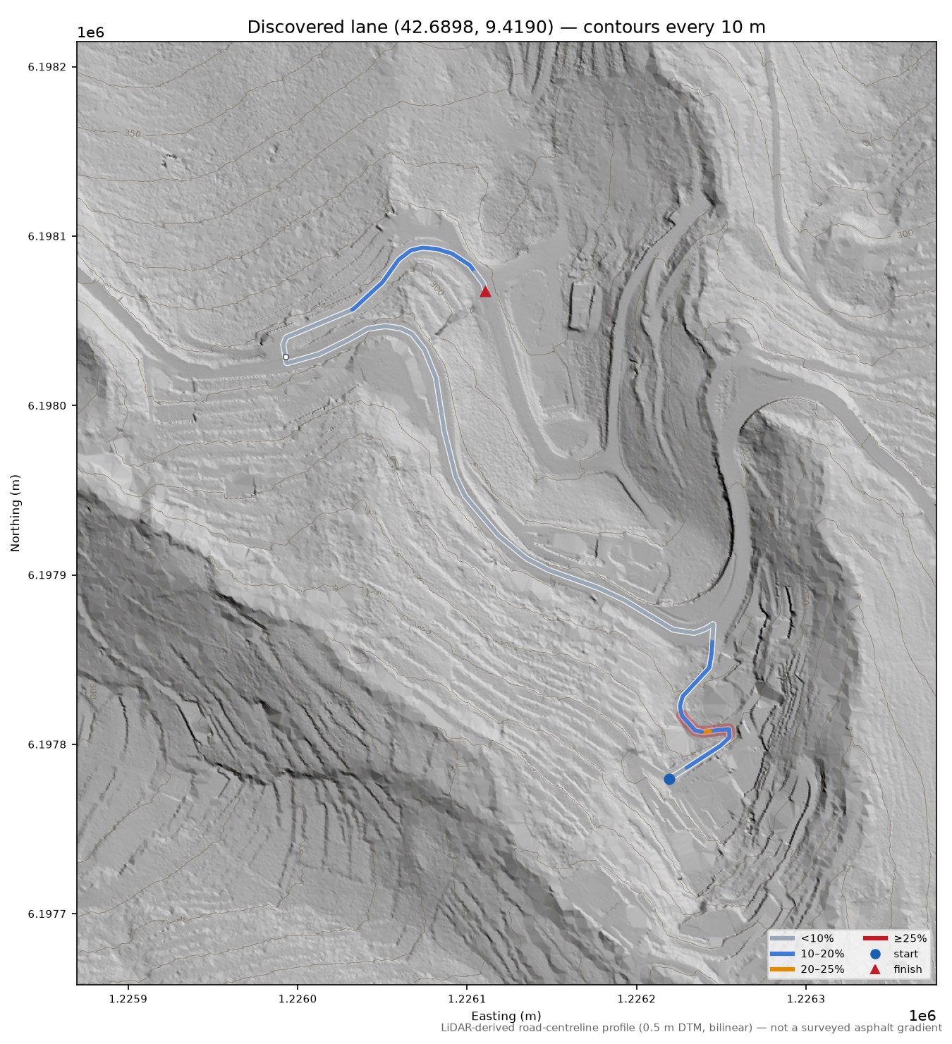 Discovered lane (42.6898, 9.4190) LiDAR hillshade map with contours