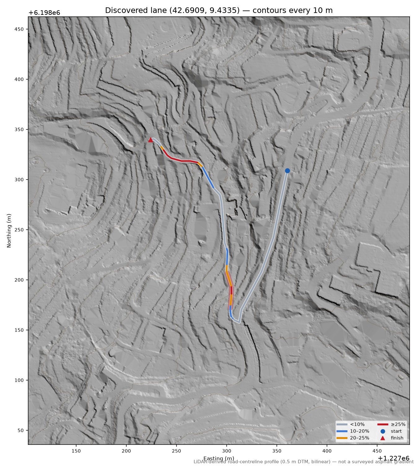 Discovered lane (42.6909, 9.4335) LiDAR hillshade map with contours