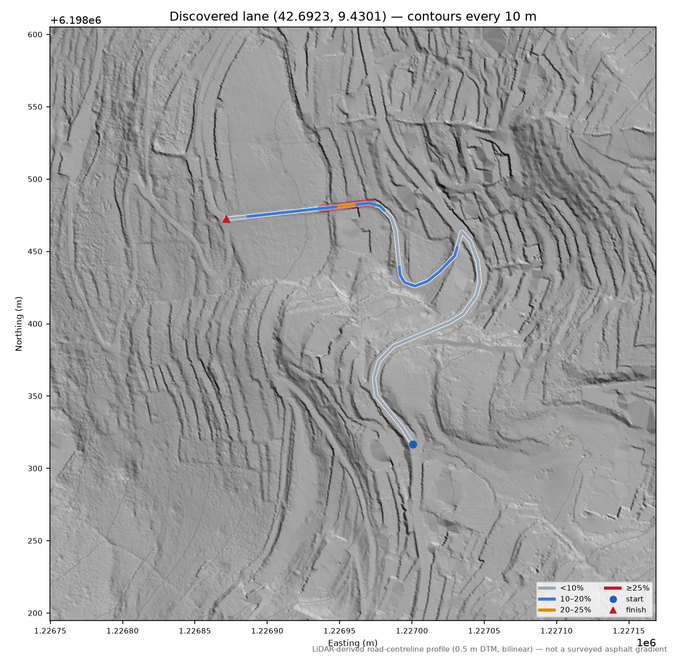 Discovered lane (42.6923, 9.4301) LiDAR hillshade map with contours