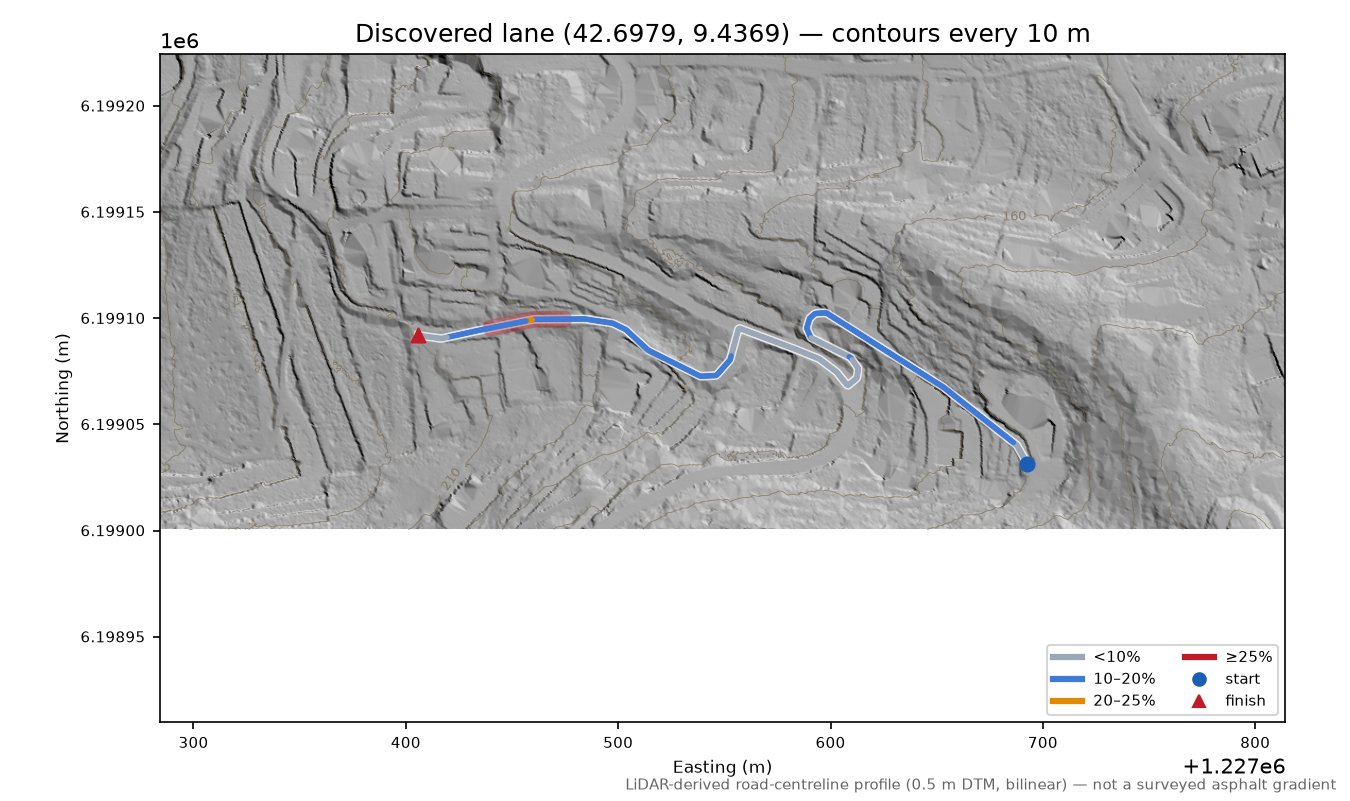 Discovered lane (42.6979, 9.4369) LiDAR hillshade map with contours