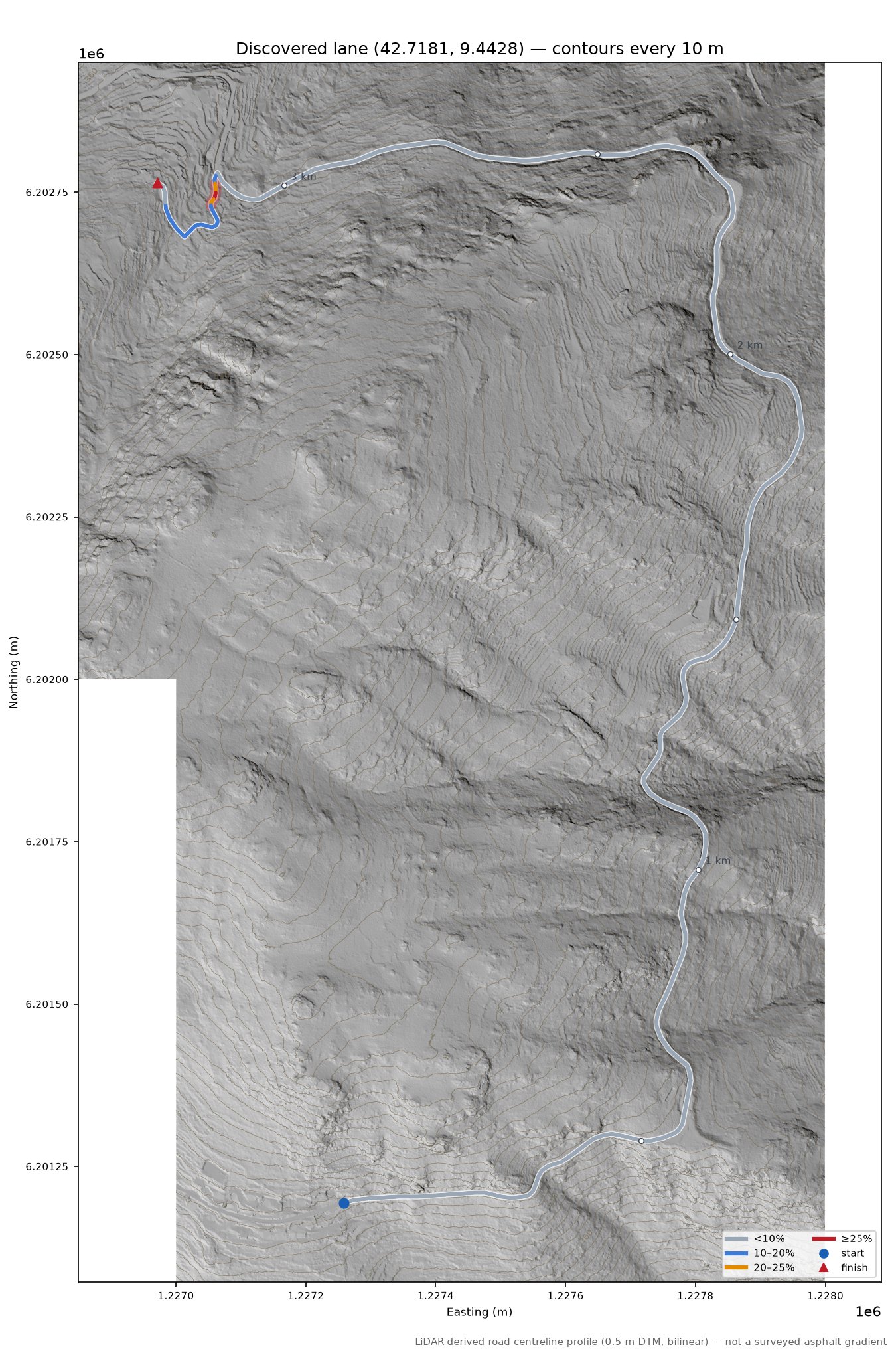 Discovered lane (42.7181, 9.4428) LiDAR hillshade map with contours