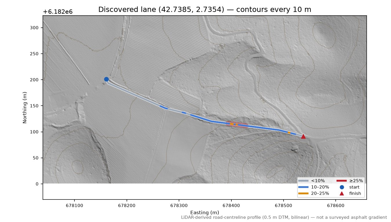 Discovered lane (42.7385, 2.7354) LiDAR hillshade map with contours