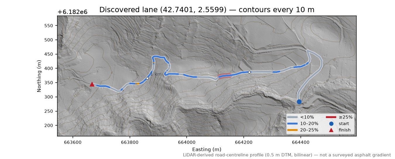 Discovered lane (42.7401, 2.5599) LiDAR hillshade map with contours