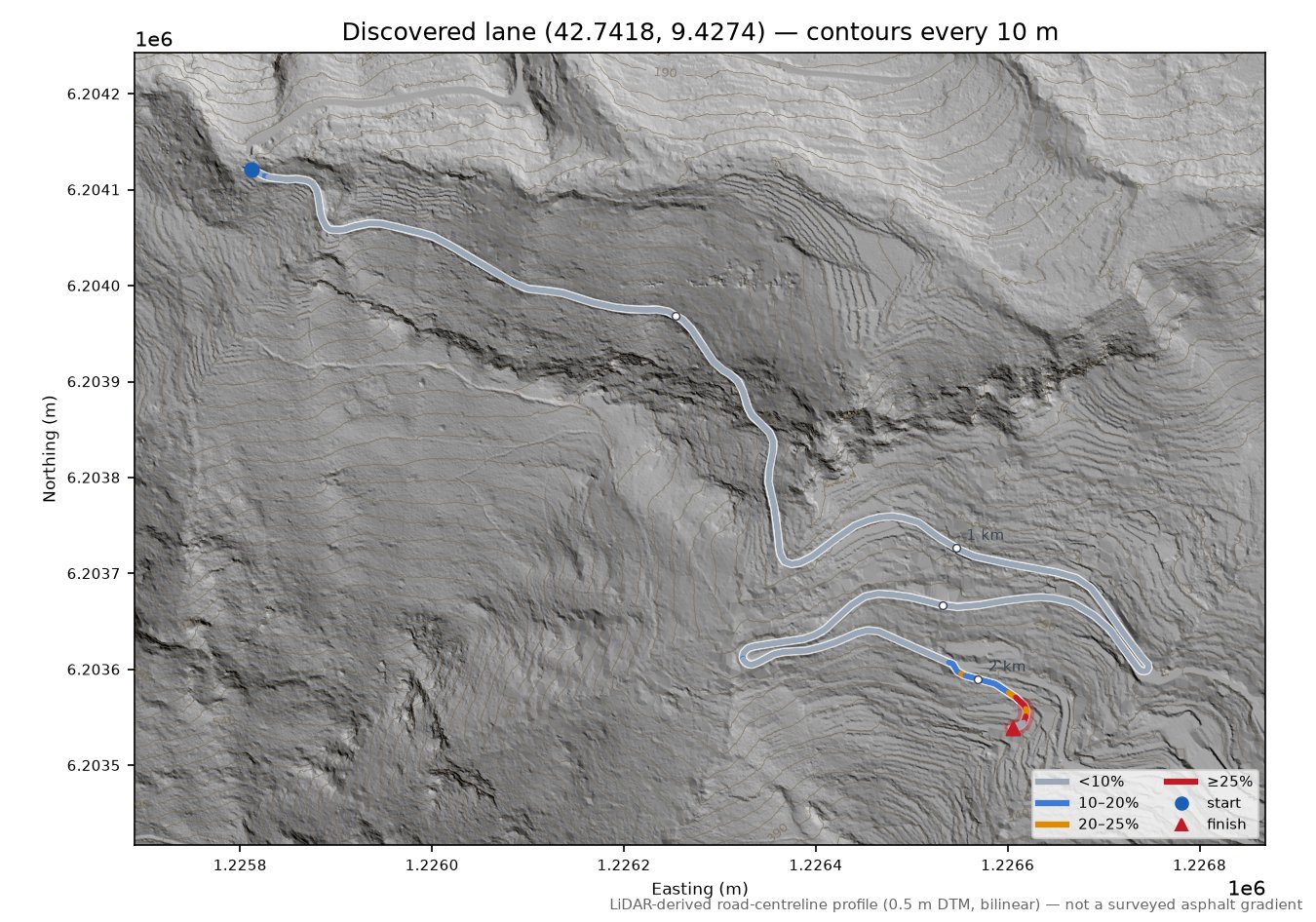 Discovered lane (42.7418, 9.4274) LiDAR hillshade map with contours