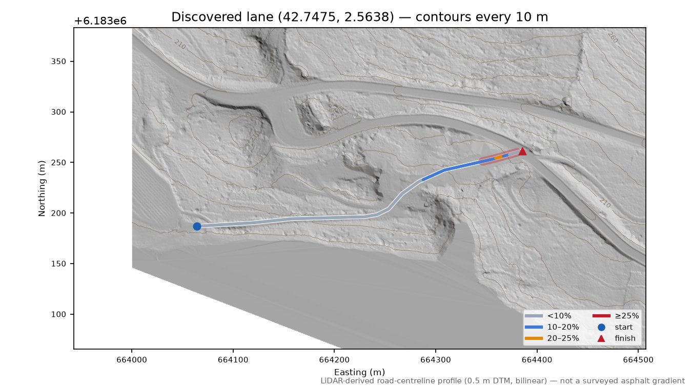 Discovered lane (42.7475, 2.5638) LiDAR hillshade map with contours