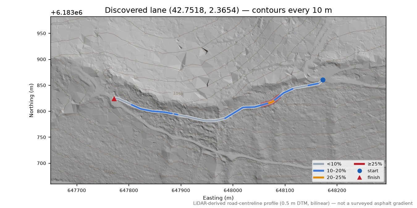 Discovered lane (42.7518, 2.3654) LiDAR hillshade map with contours
