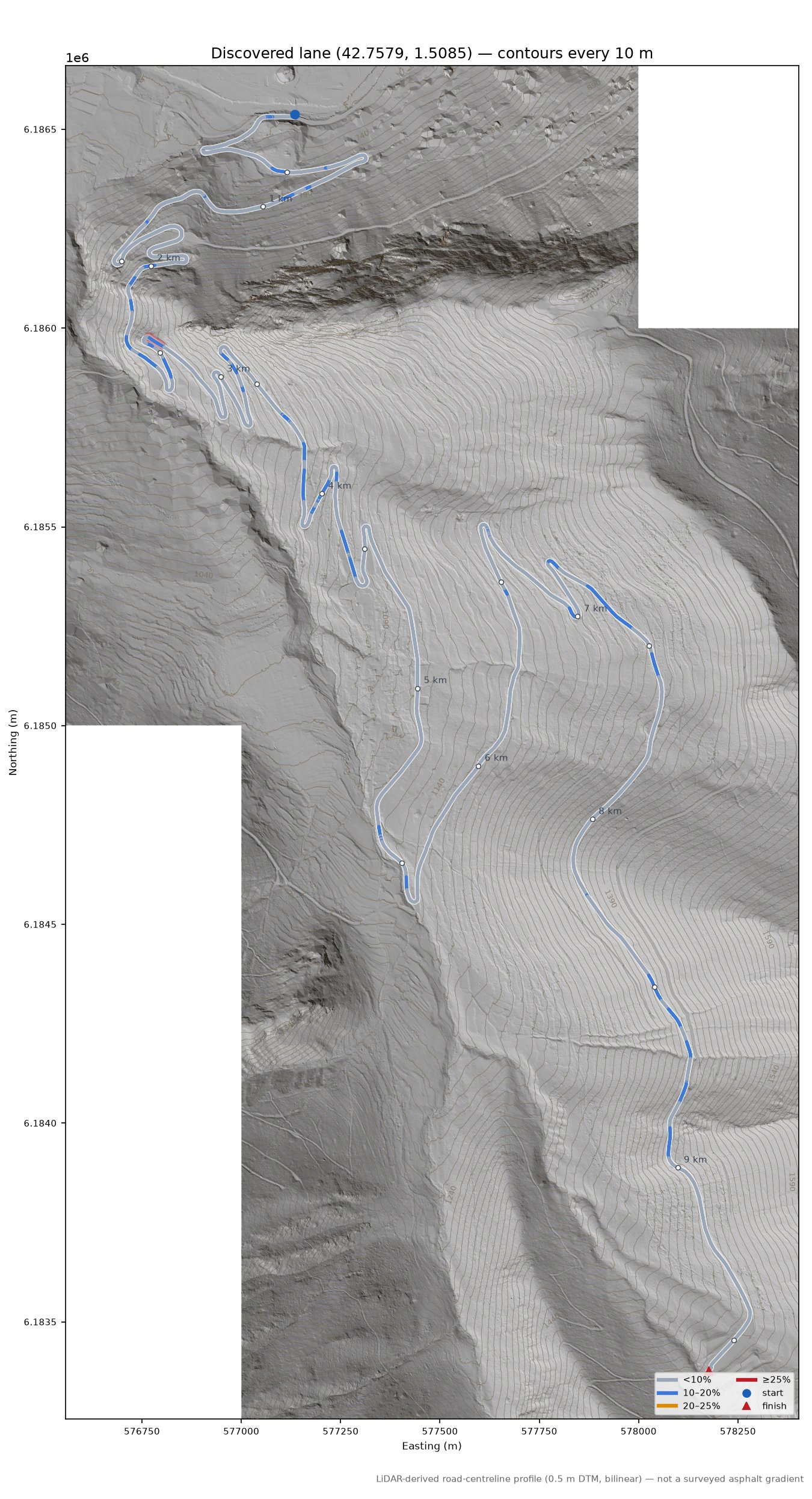 Discovered lane (42.7579, 1.5085) LiDAR hillshade map with contours