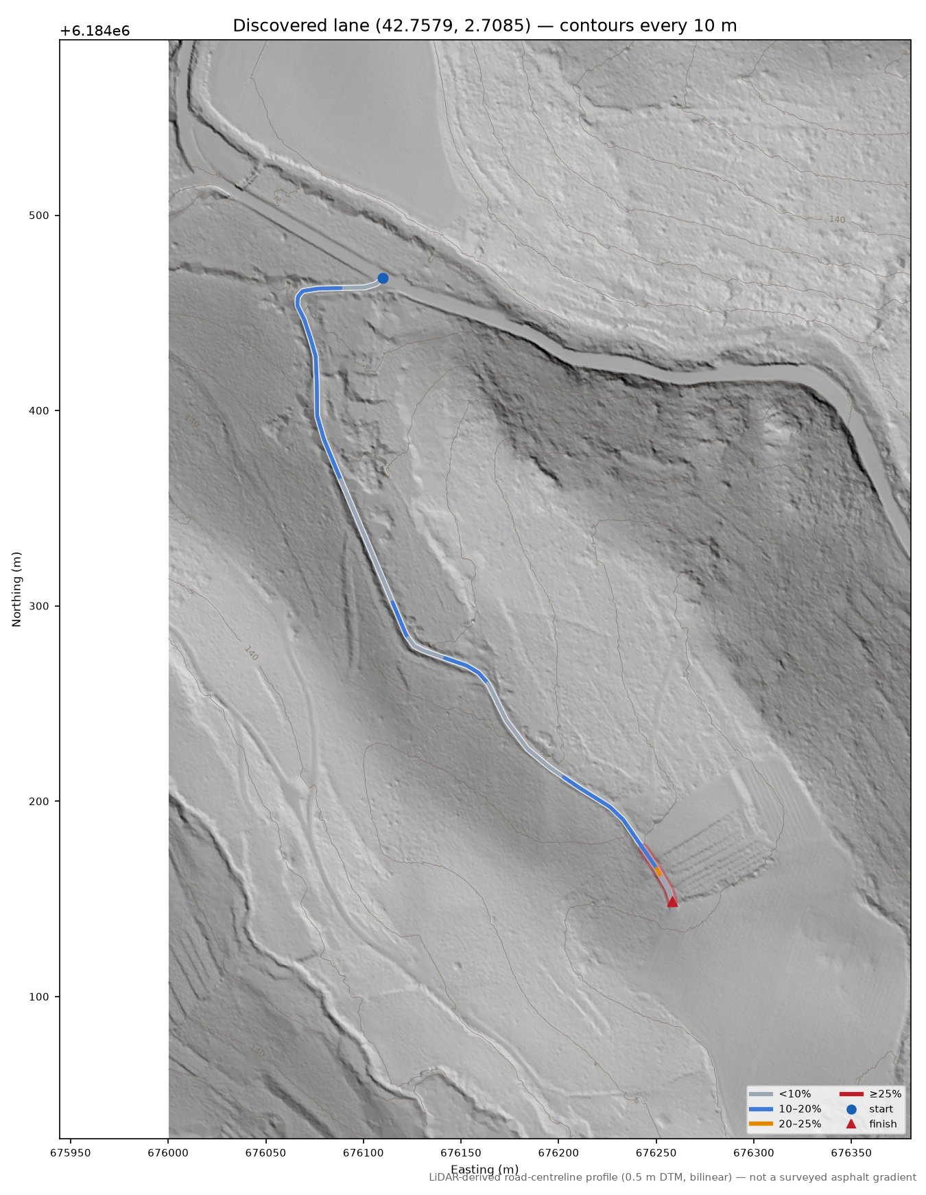 Discovered lane (42.7579, 2.7085) LiDAR hillshade map with contours