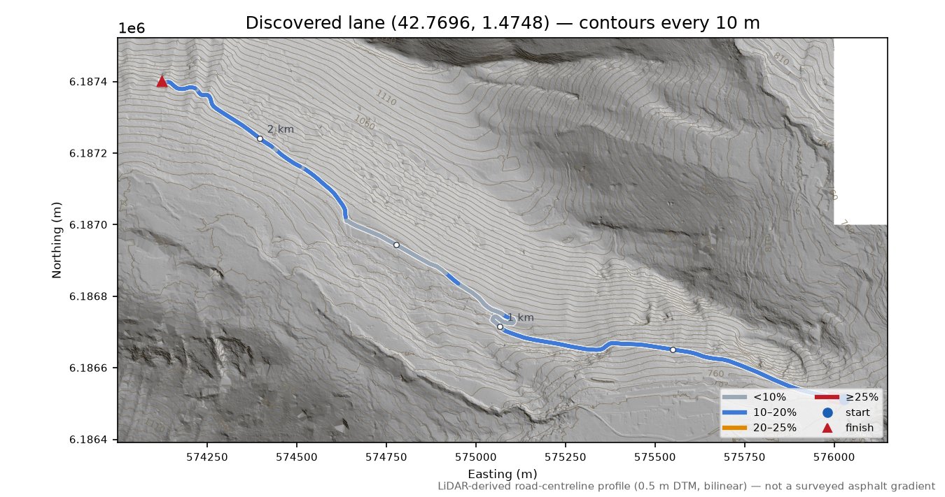 Discovered lane (42.7696, 1.4748) LiDAR hillshade map with contours