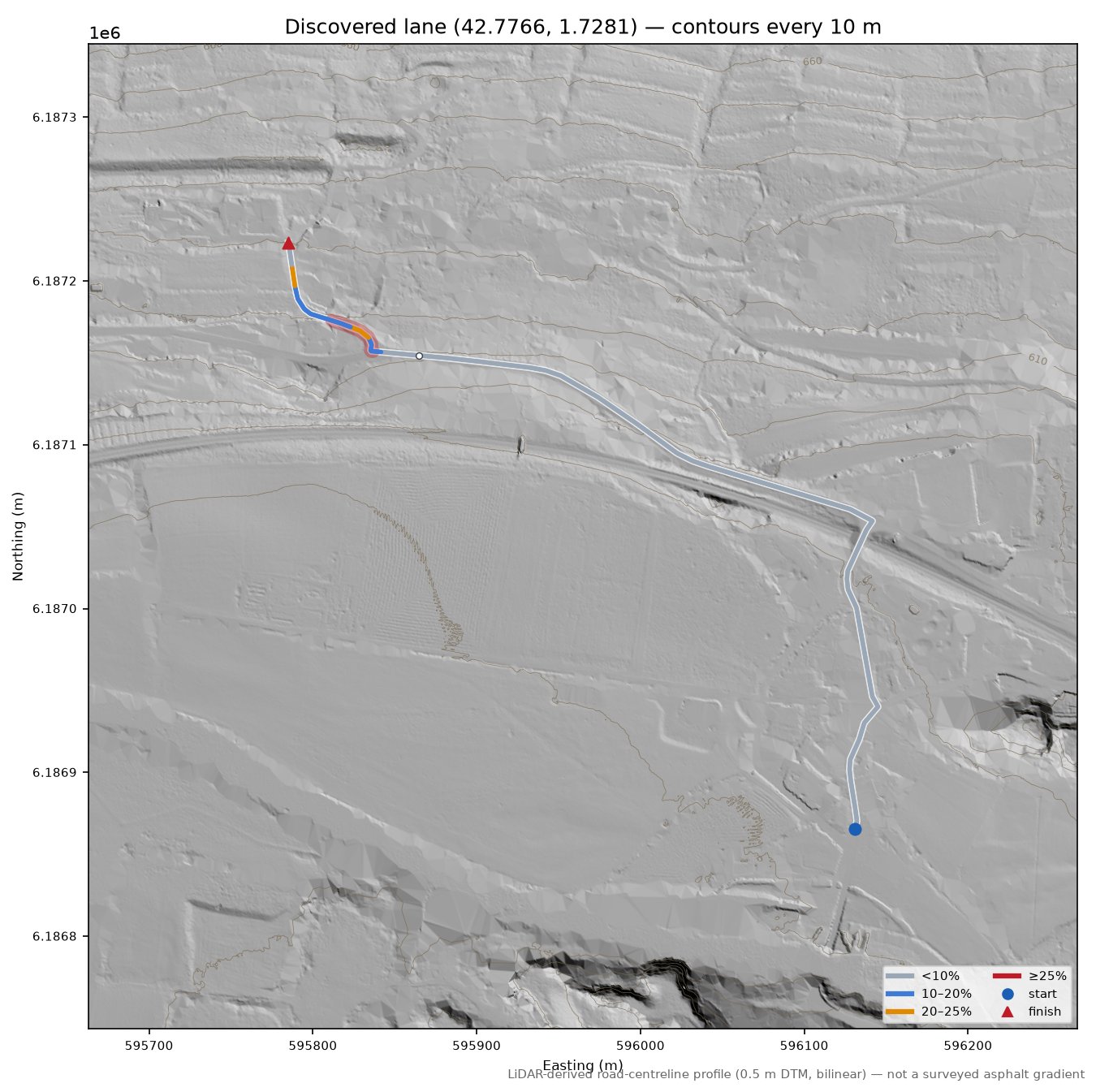 Discovered lane (42.7766, 1.7281) LiDAR hillshade map with contours