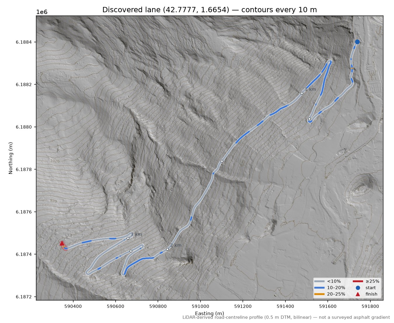 Discovered lane (42.7777, 1.6654) LiDAR hillshade map with contours