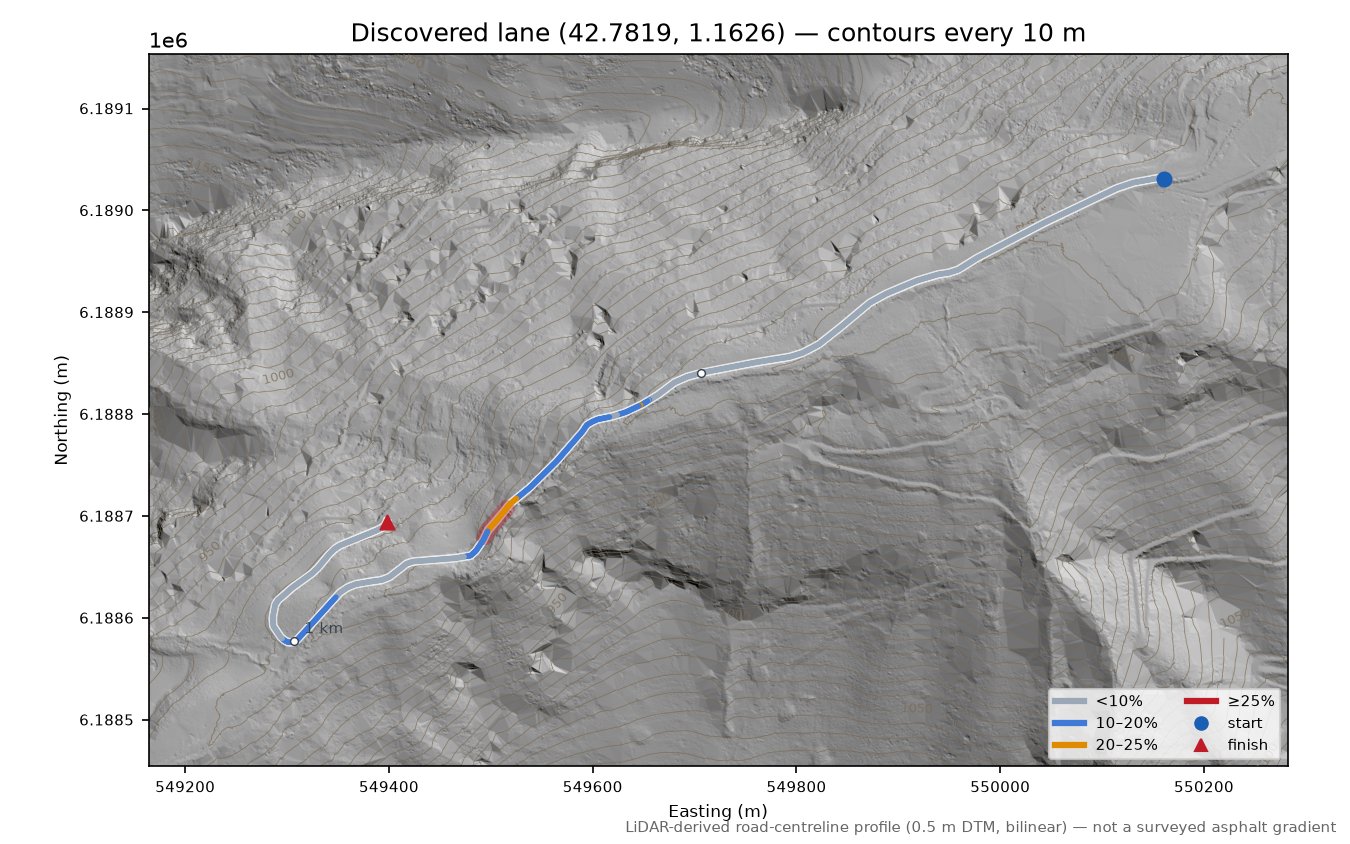Discovered lane (42.7819, 1.1626) LiDAR hillshade map with contours