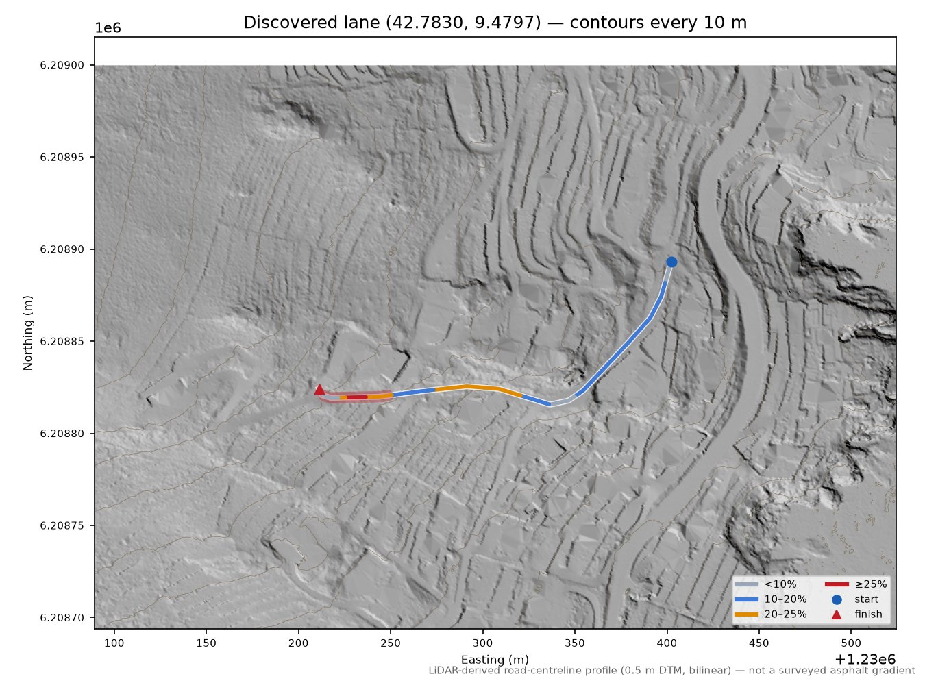 Discovered lane (42.7830, 9.4797) LiDAR hillshade map with contours