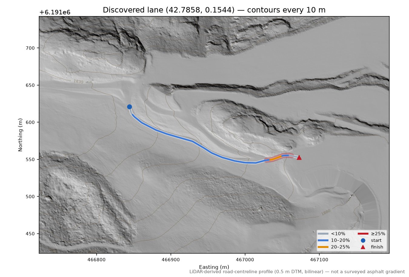 Discovered lane (42.7858, 0.1544) LiDAR hillshade map with contours