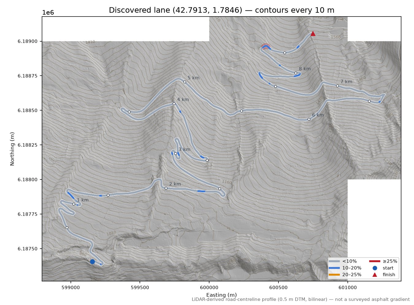 Discovered lane (42.7913, 1.7846) LiDAR hillshade map with contours