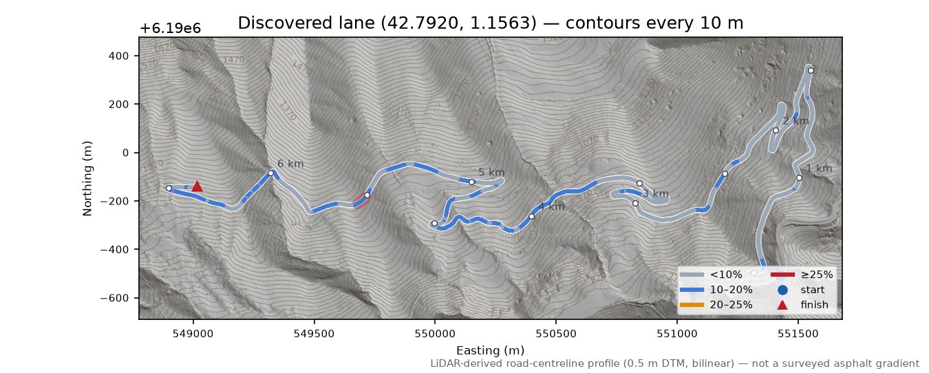 Discovered lane (42.7920, 1.1563) LiDAR hillshade map with contours