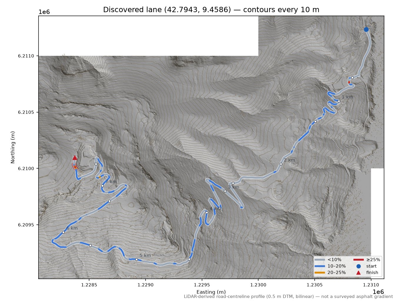 Discovered lane (42.7943, 9.4586) LiDAR hillshade map with contours