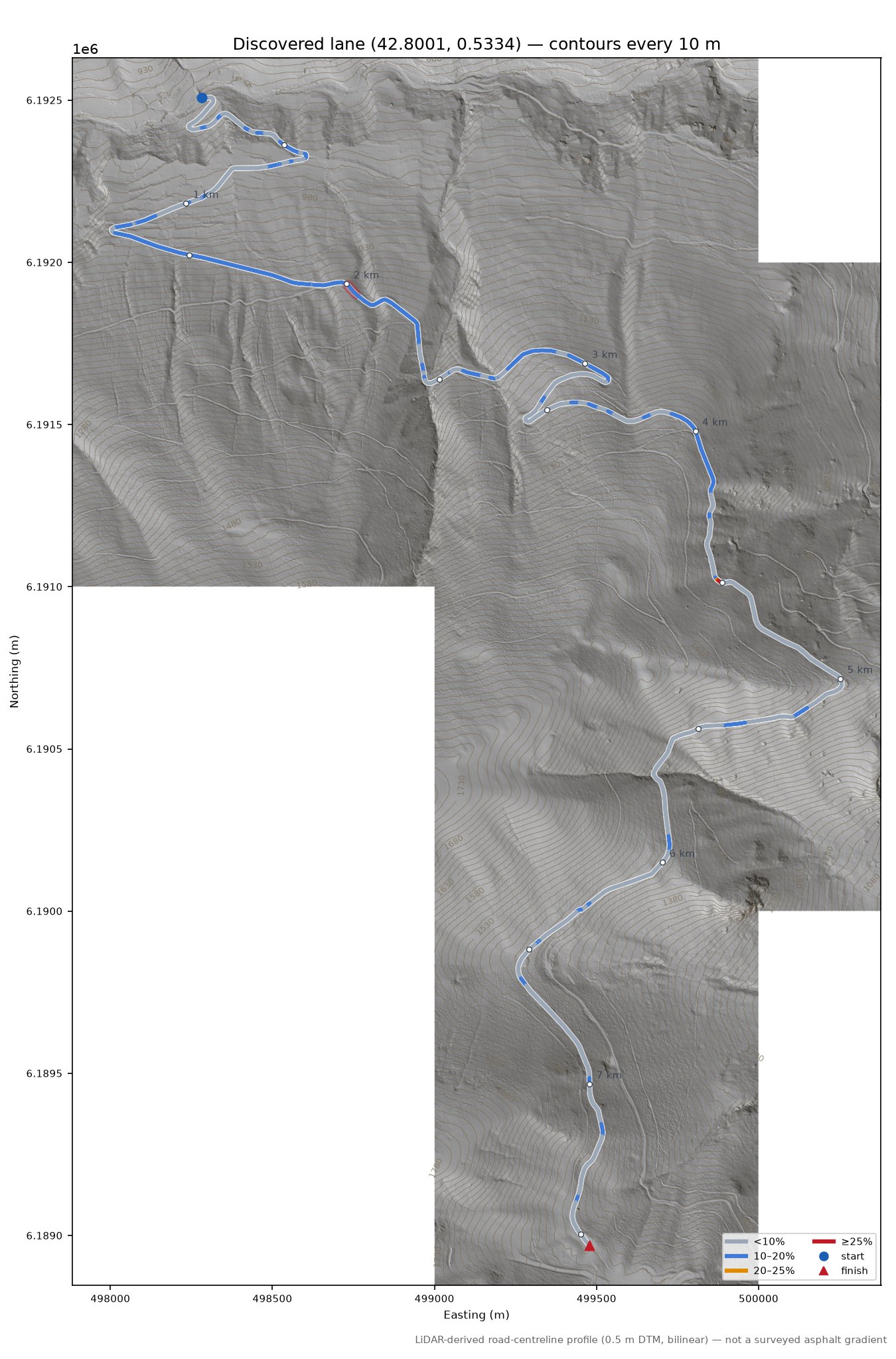 Discovered lane (42.8001, 0.5334) LiDAR hillshade map with contours