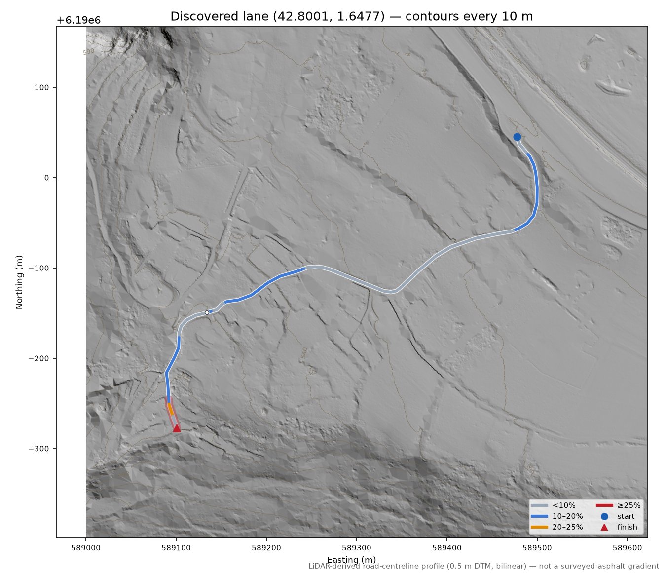 Discovered lane (42.8001, 1.6477) LiDAR hillshade map with contours
