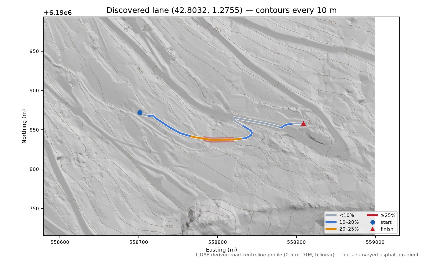 Discovered lane (42.8032, 1.2755) LiDAR hillshade map with contours