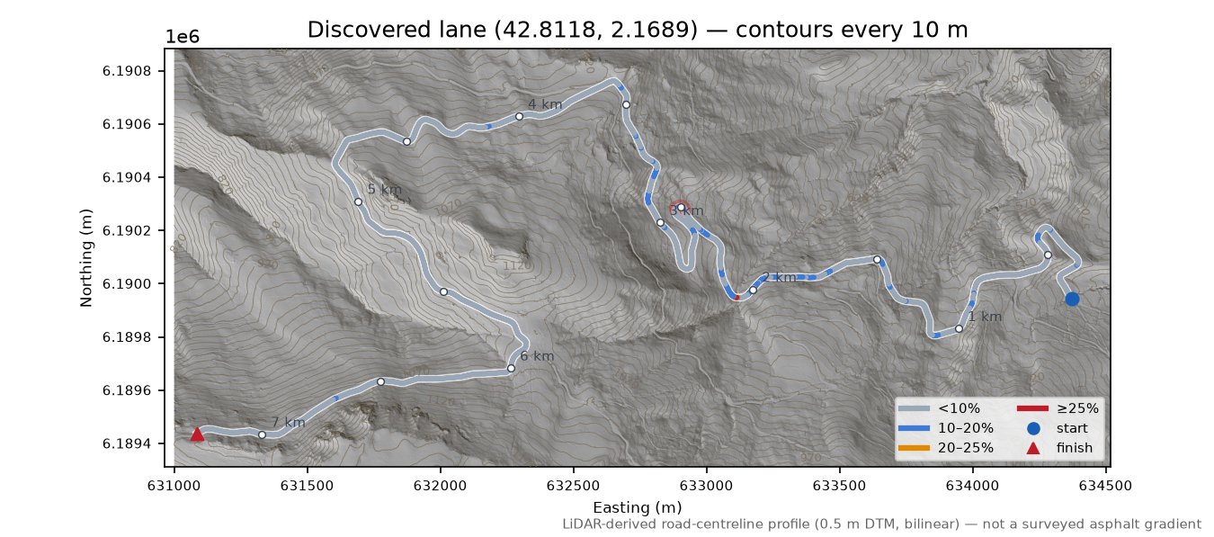 Discovered lane (42.8118, 2.1689) LiDAR hillshade map with contours