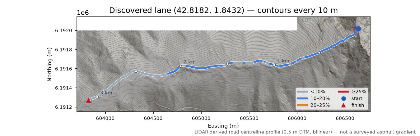 Discovered lane (42.8182, 1.8432) LiDAR hillshade map with contours
