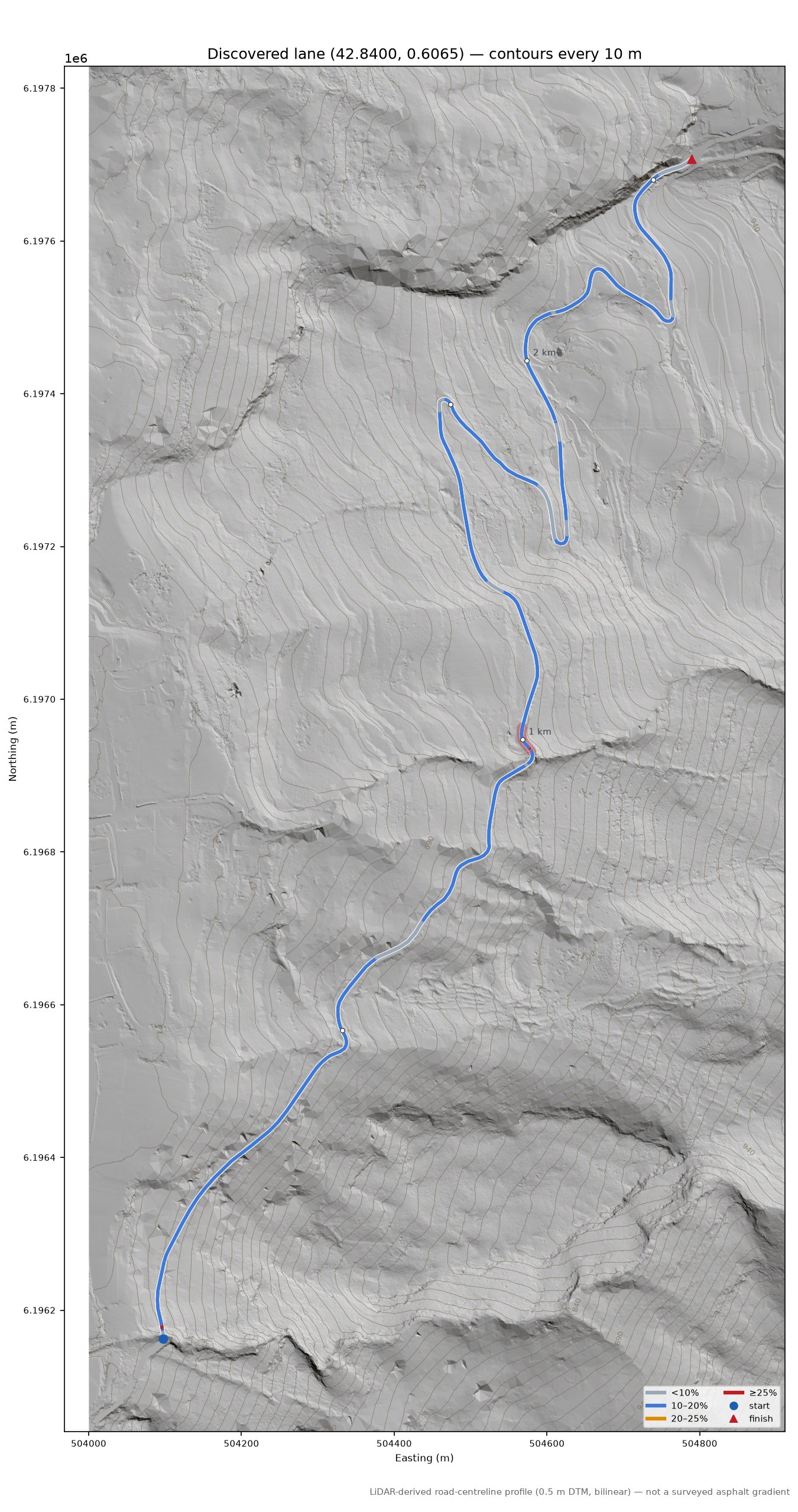 Discovered lane (42.8400, 0.6065) LiDAR hillshade map with contours