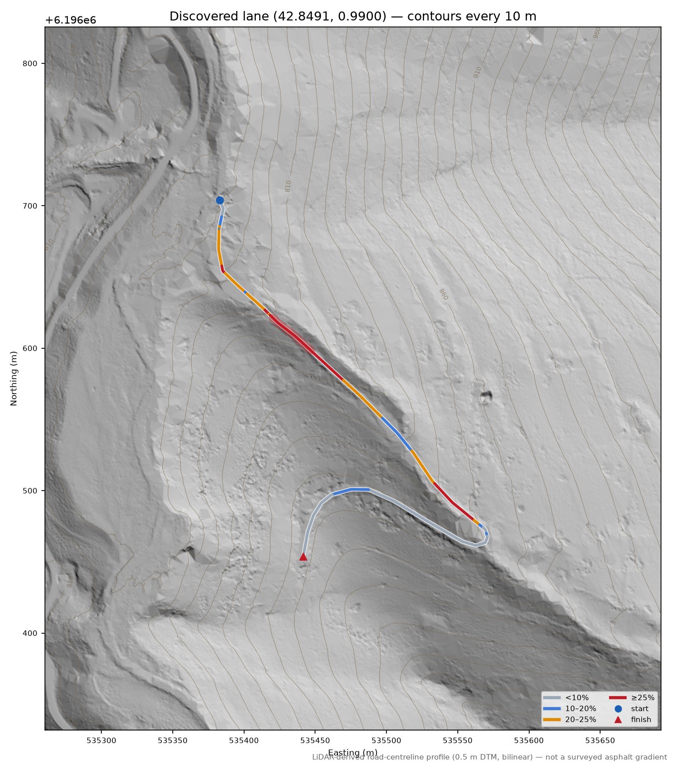 Discovered lane (42.8491, 0.9900) LiDAR hillshade map with contours