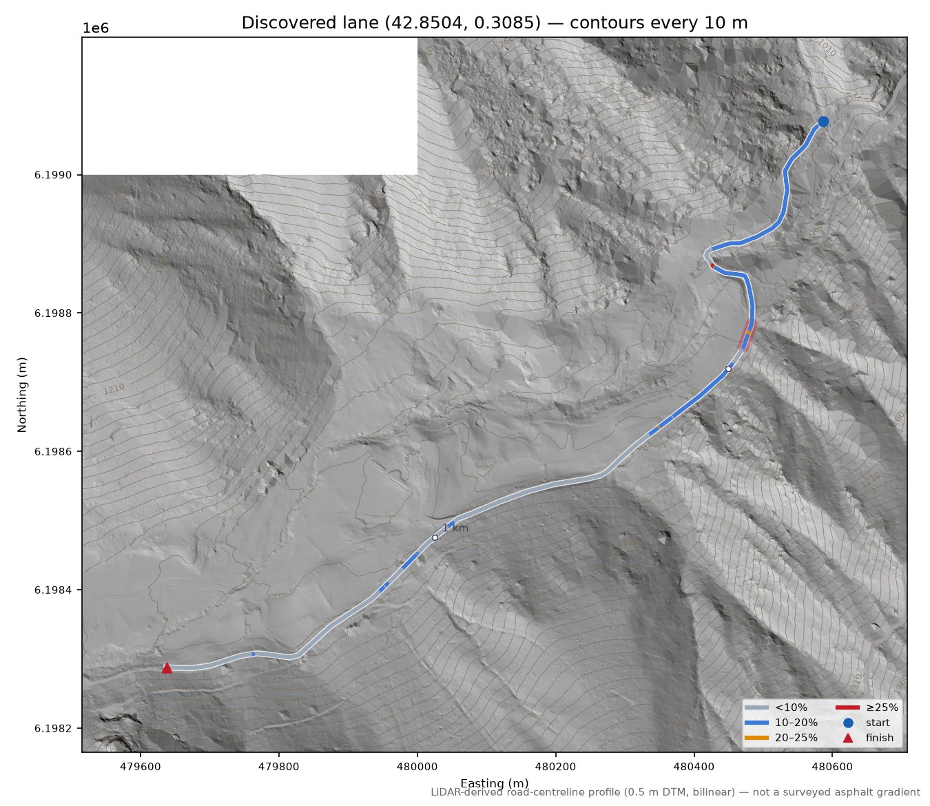 Discovered lane (42.8504, 0.3085) LiDAR hillshade map with contours