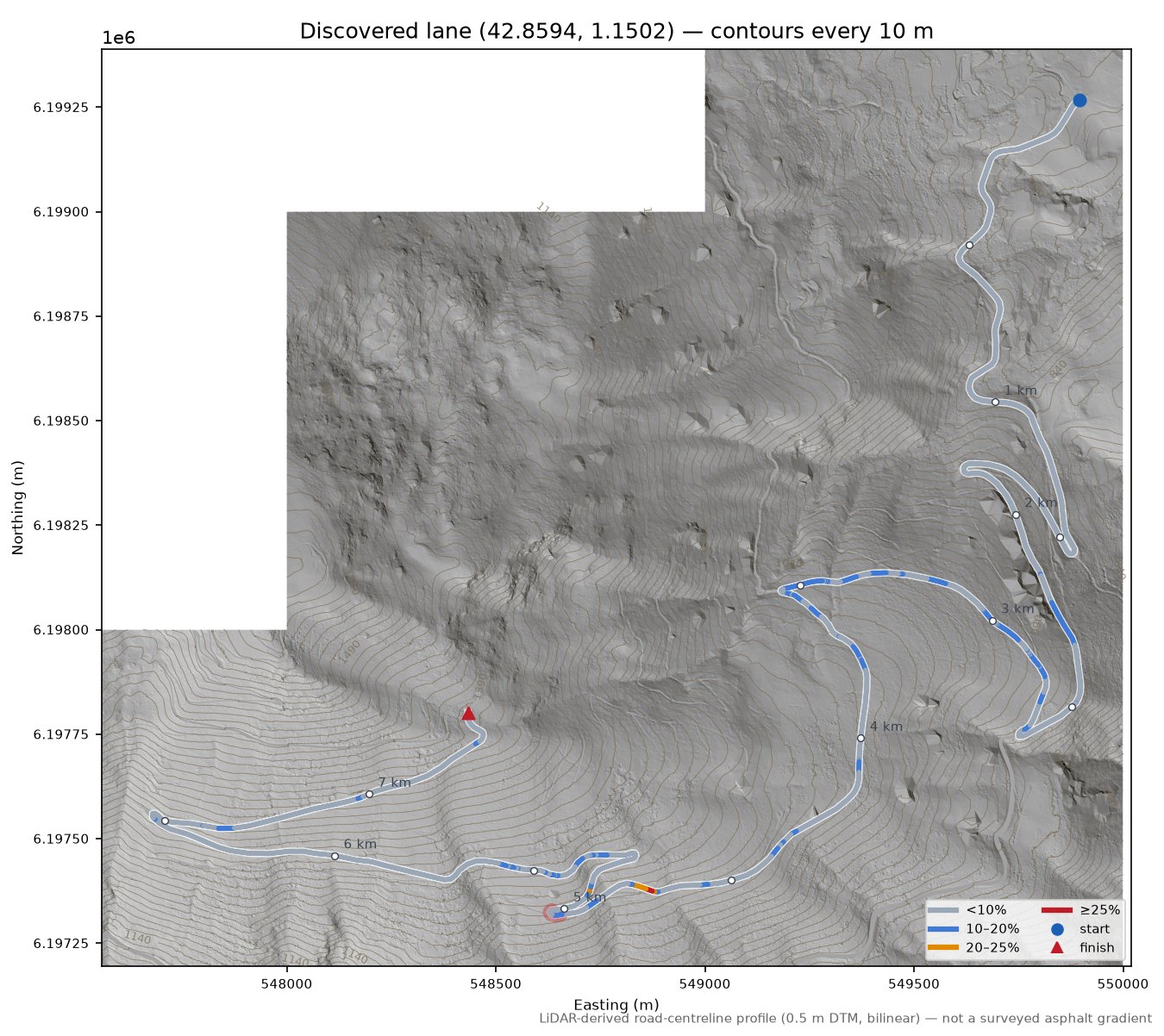 Discovered lane (42.8594, 1.1502) LiDAR hillshade map with contours