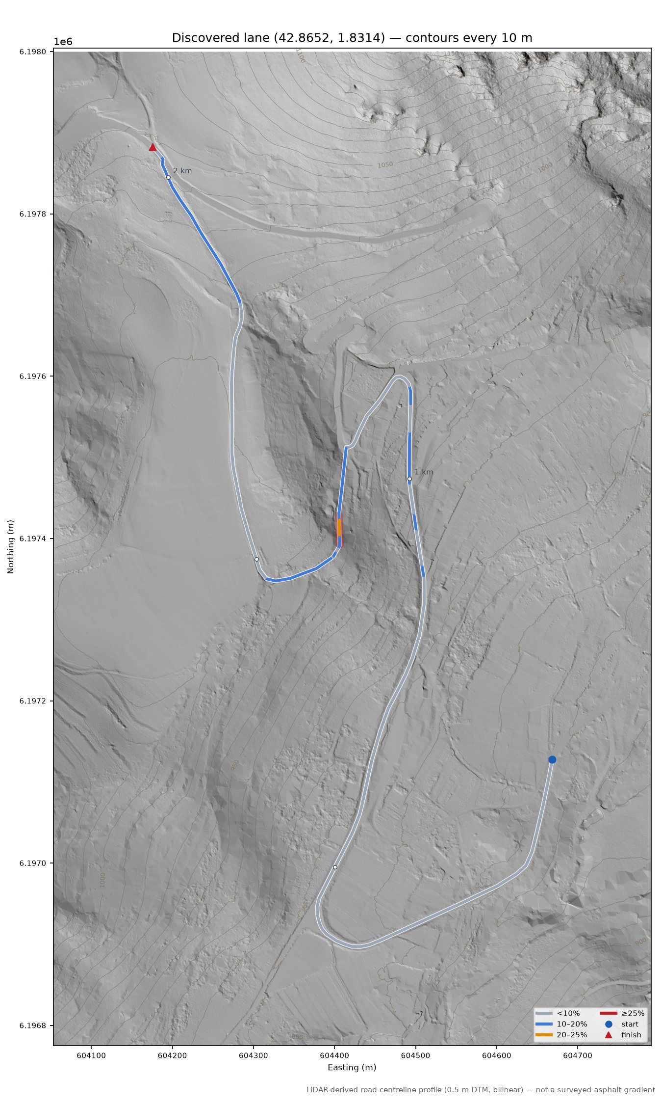 Discovered lane (42.8652, 1.8314) LiDAR hillshade map with contours