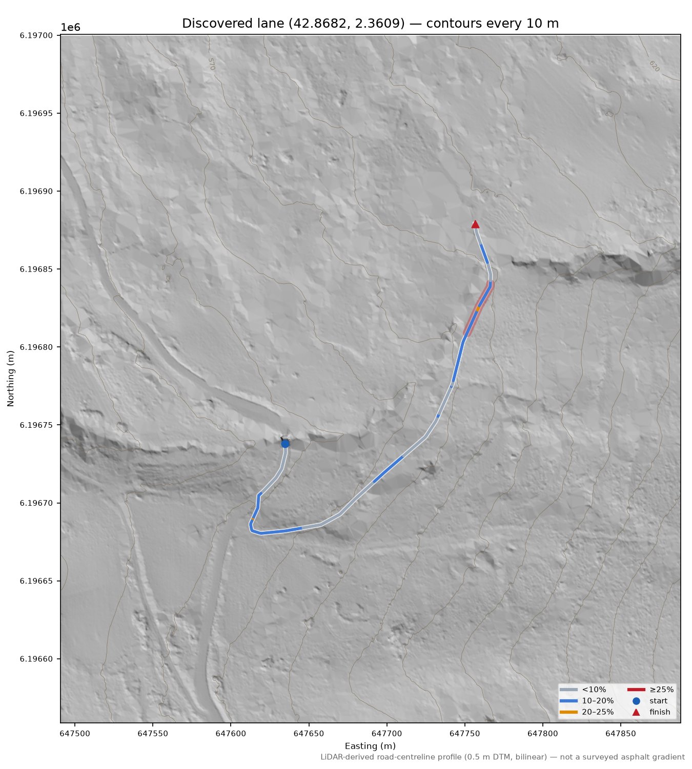 Discovered lane (42.8682, 2.3609) LiDAR hillshade map with contours