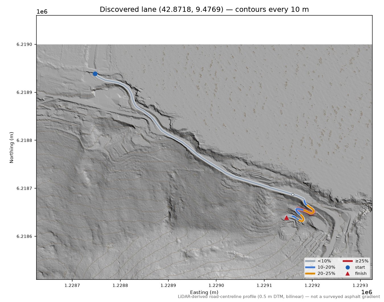 Discovered lane (42.8718, 9.4769) LiDAR hillshade map with contours