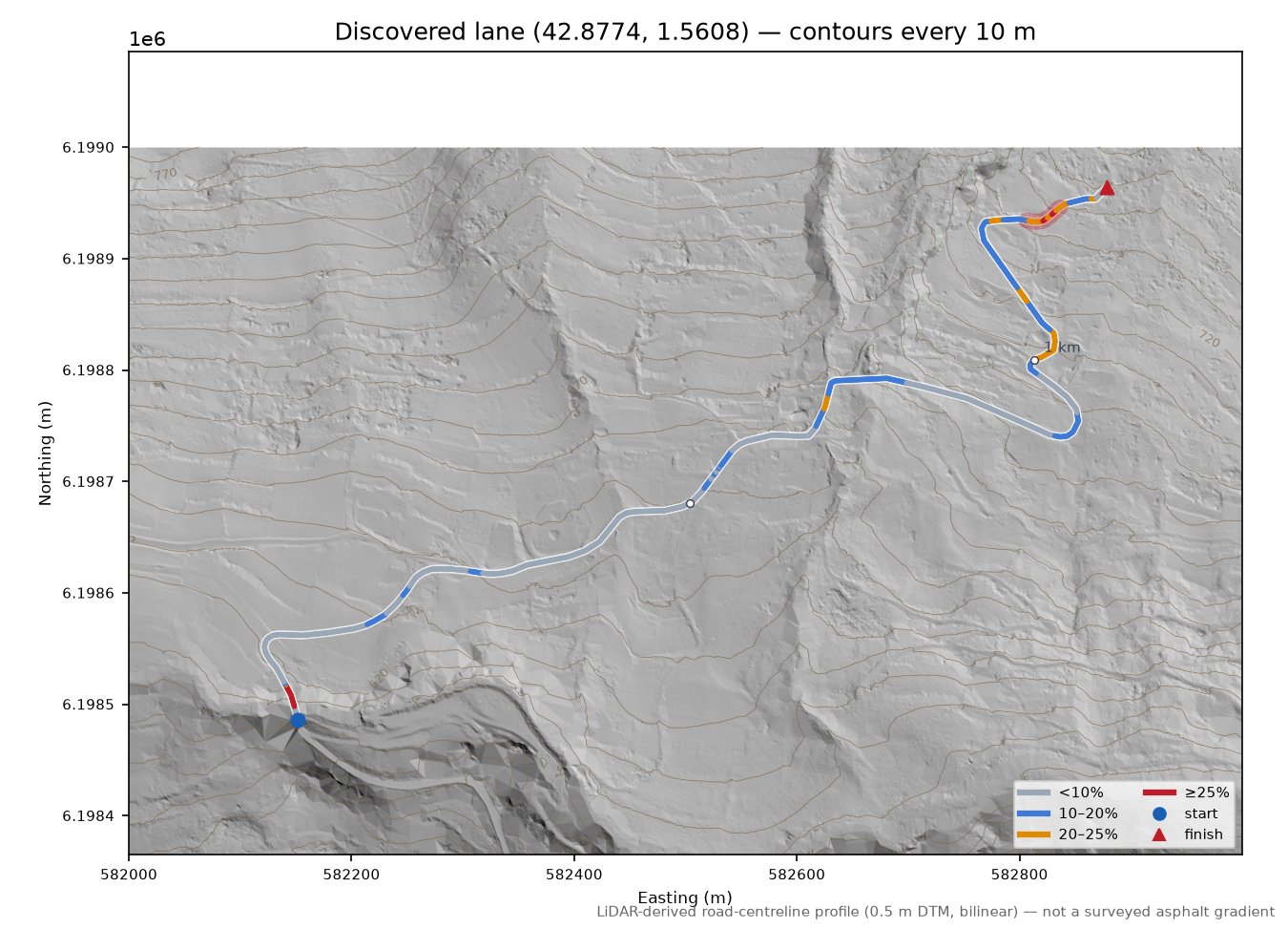 Discovered lane (42.8774, 1.5608) LiDAR hillshade map with contours