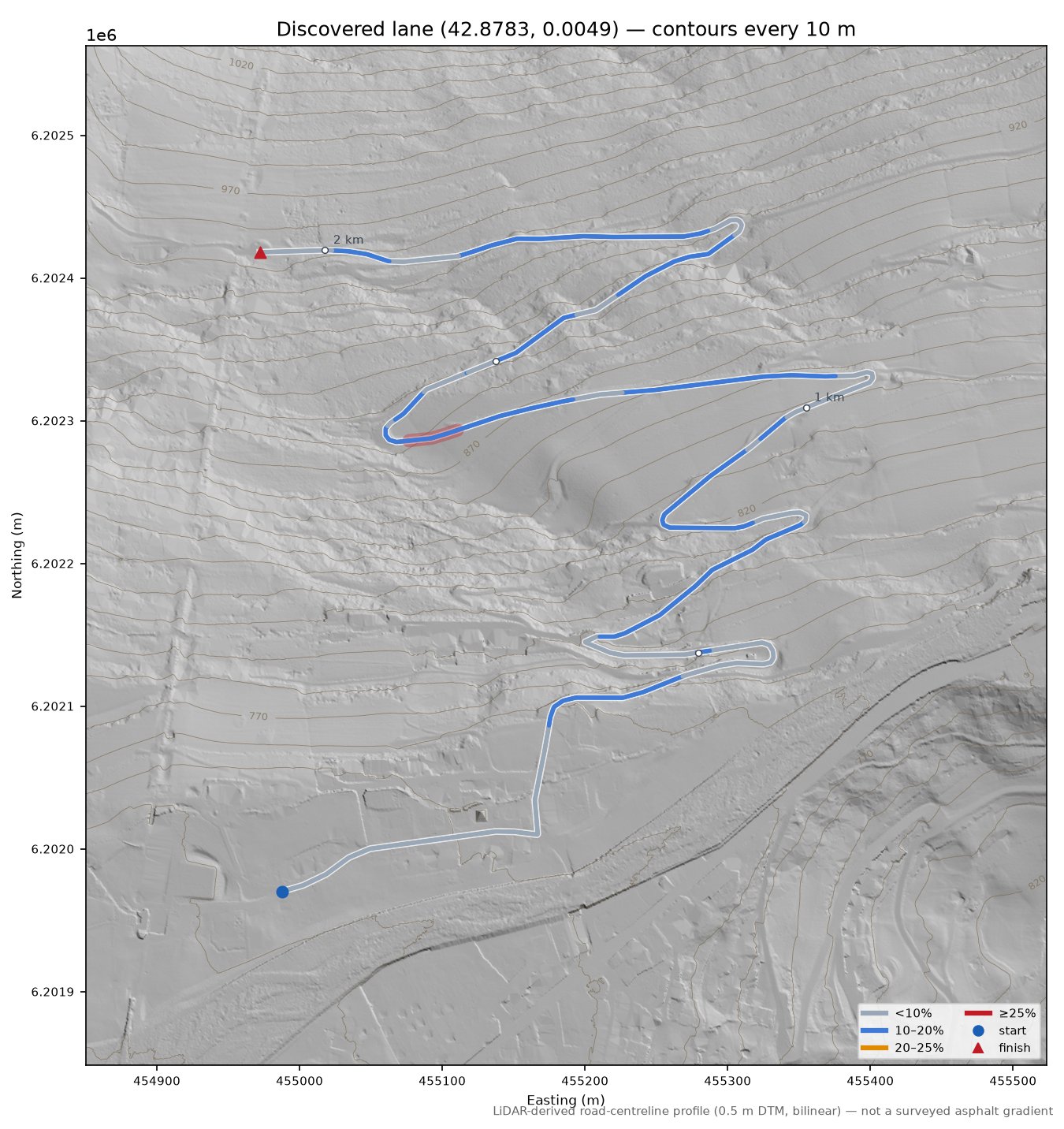 Discovered lane (42.8783, 0.0049) LiDAR hillshade map with contours