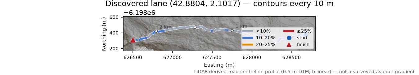 Discovered lane (42.8804, 2.1017) LiDAR hillshade map with contours